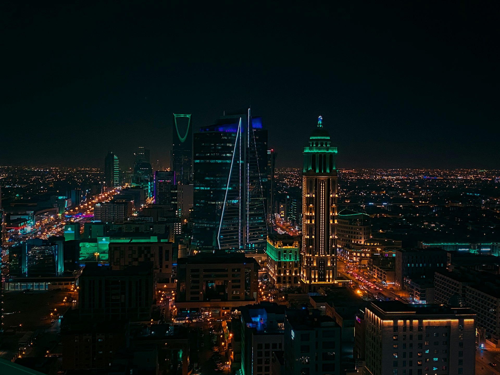 The Riyadh skyline at dusk.